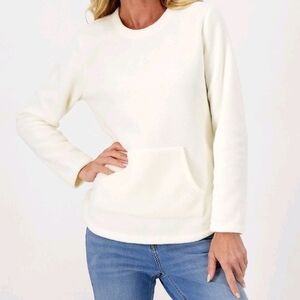 Denim & Co. Fleece Shirttail Hem Top w/Kangaroo Pocket Natural Size XL